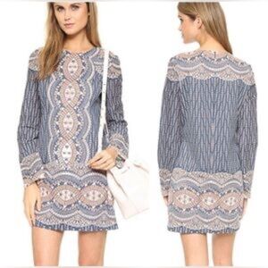 BCBGMaxAzria Blue and Cream Long Sleeve Dress